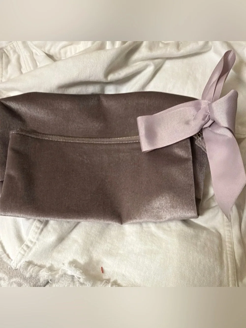Ann Taylor Velvet Zippered Folding Clutch purse with a large ribbon bow /Lavande